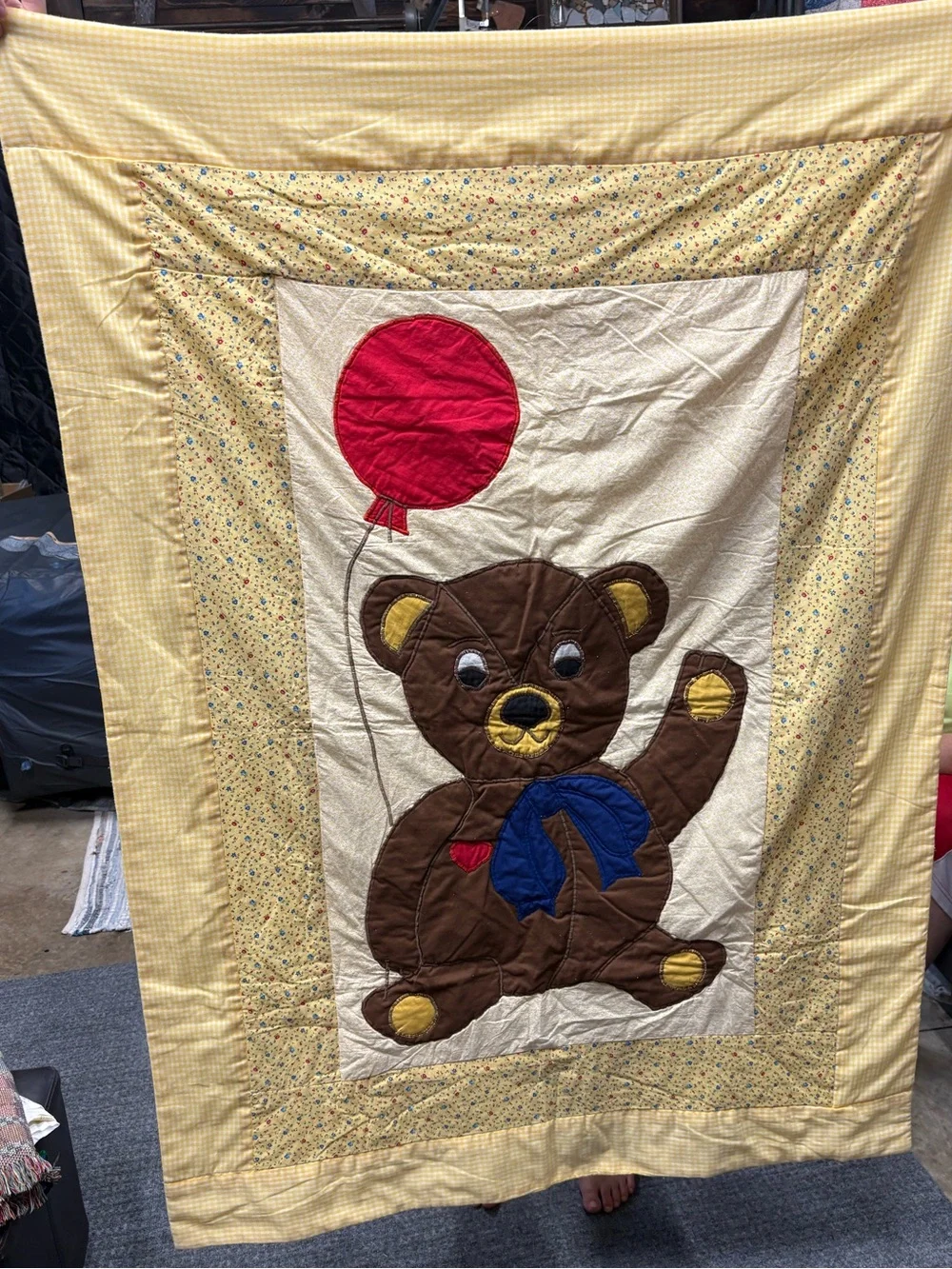 Vintage Handmade Yellow Teddy Bear Appliqué Baby Quilt with Red Balloon